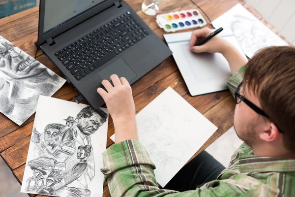 Artist drawing Sketch on Graphic Tablet Top View — Stock Photo, Image