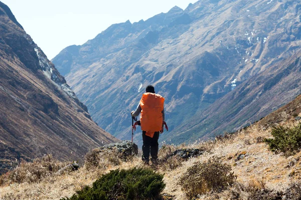 Caminhante com grande mochila laranja — Fotografia de Stock