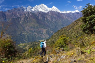 Dağ yolda yürürken olgun uzun yürüyüşe çıkan kimse
