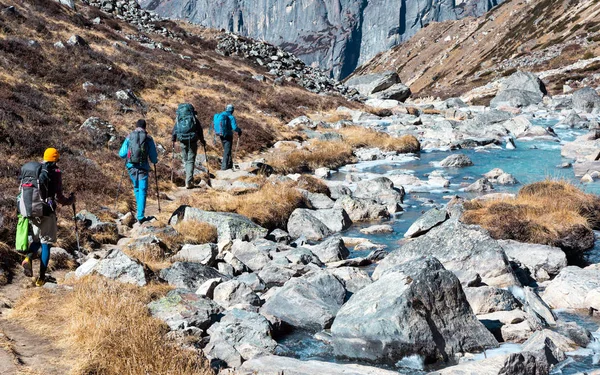 Groupe de randonneurs marchant le long du ruisseau — Photo