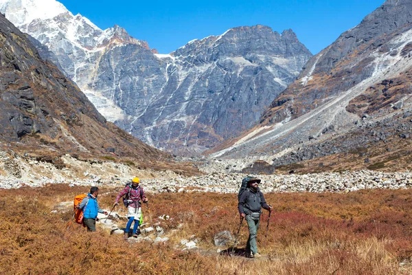 徒步旅行者在草地上行走 — 图库照片