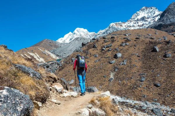 Escursionista di montagna a piedi con zaino — Foto Stock