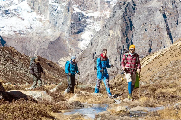 Grupp av vandrare vandring längs Creek Stockbild