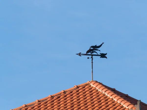 Veleta meteorológica en forma de delfines colocados en un techo de terracota —  Fotos de Stock