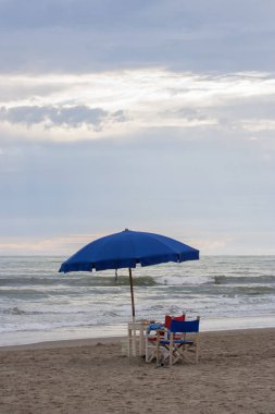 Plaj şemsiyesi ve denizin yanında sandalyeler