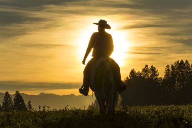 Cowboy riding early morning across grassland with mountains behind clipart
