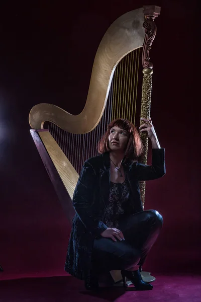 Confident ugly woman wearing black suit posing with harp in front of camera on stage with crimson floor