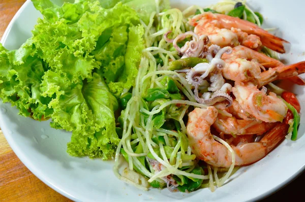 Sunflower sprout with shrimp and squid spicy salad on dish — Stock Photo, Image
