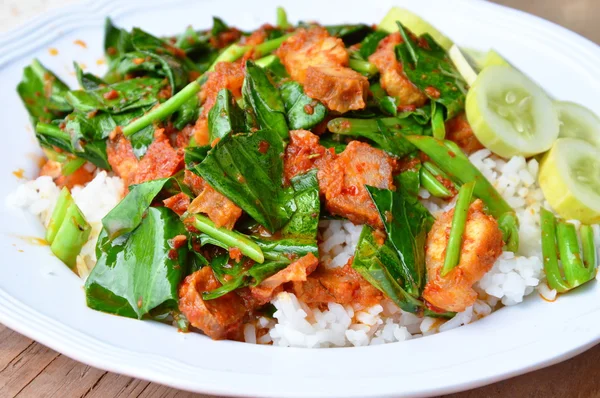 Revuelva la col rizada china frita y el cerdo crujiente en curry picante sobre arroz — Foto de Stock