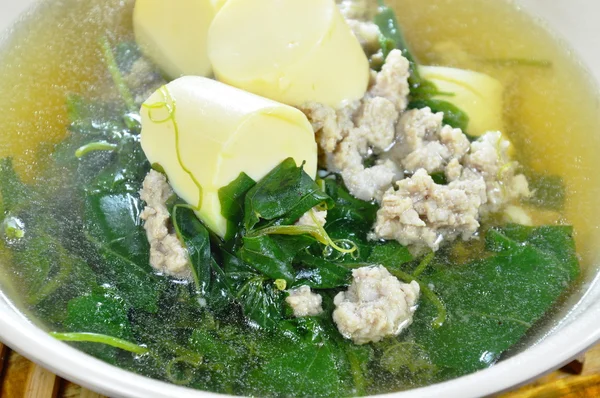 Darált sertés- és tojás tofu forró leves zöldség sütőtök — Stock Fotó