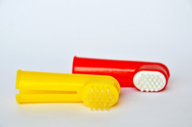 evde beslenen hayvan diş fırçası tarafından kullanılan beyaz arka plan üzerinde parmak koymak