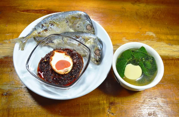 Fried mackerel dipping with chili paste and egg tofu hot soup — Stock Photo, Image