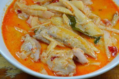 Hindistan cevizi sütü ve kupa kırmızı köri tavuk ile baharatlı bambu çekimleri