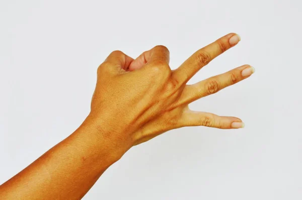 Χέρι κάνει τρεις δάχτυλο σε λευκό φόντο — Φωτογραφία Αρχείου