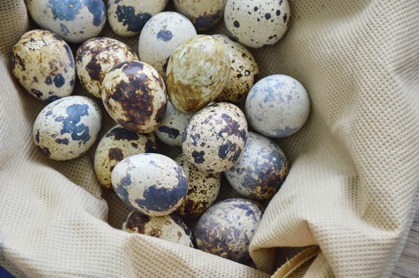 Oeuf de caille nourriture crue dans un sac en tissu — Photo