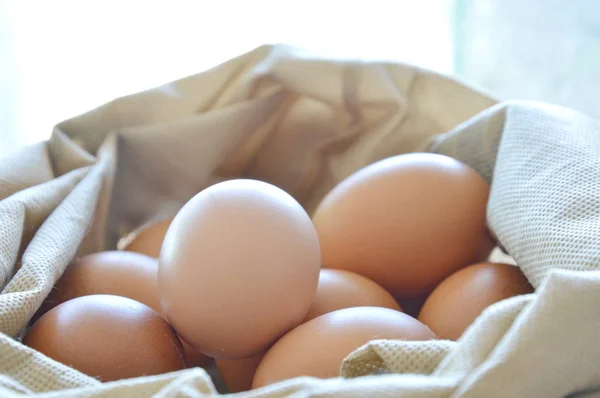 Nyers barna tyúk tojás-a szövet táska — Stock Fotó