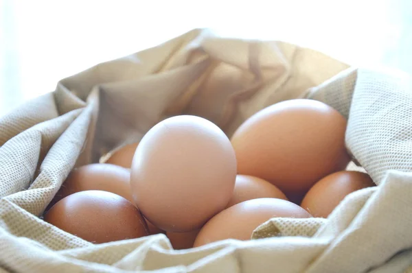 Oeuf de poule brun dans un sac en tissu — Photo