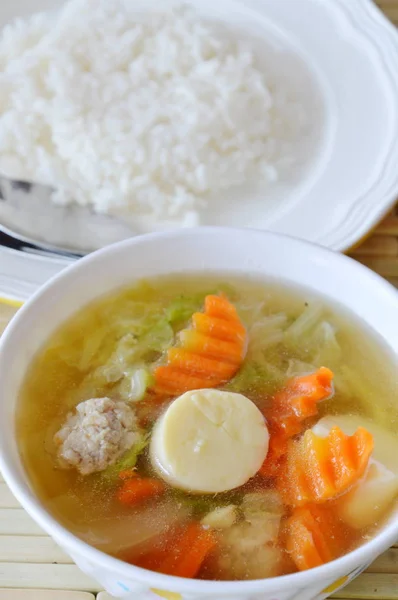 Rice eat with boiled Chinese cabbage and egg tofu soup low fat meal — Stock Photo, Image