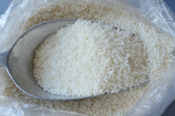 Thai jasmine rice paddy on iron scoop in plastic bag — Stock Photo, Image