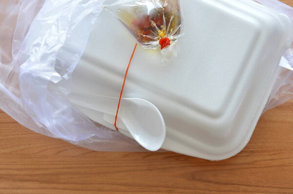 ready meal packing in foam box with plastic bag