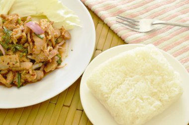  yapışkan pirinç yemek Tayland baharatlı dilim domuz salata ve taze sebze ile Çift