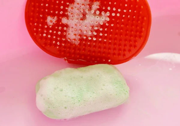 Kırmızı lastik köpek banyo fırçası ve evde beslenen hayvan sabun kabarcık pembe plastik Havzası tarih ile — Stok fotoğraf