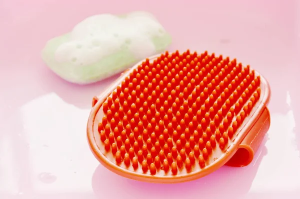 Brosse de bain pour chien en caoutchouc rouge et savon pour animaux avec bulle sur bassin en plastique rose — Photo