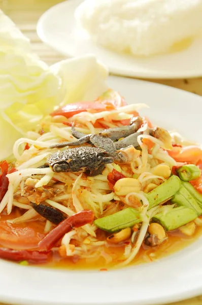 Somtum Thai kryddig grön papaya och svart inlagda crab sallad äter med klibbigt ris — Stockfoto