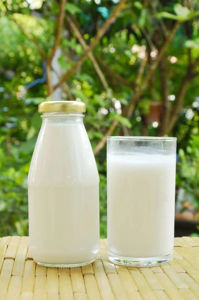 Flasche und Glas Milch auf Bambusmatte im Garten — Stockfoto