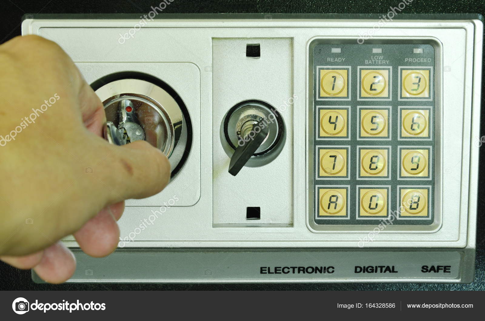 Hand Twist Key To Hole For Open Safe Box With Security Electronic Number Stock Photo C Pedphoto3pm 164328586