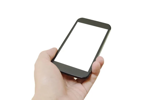Smartphone che regge la mano umana su sfondo bianco — Foto Stock