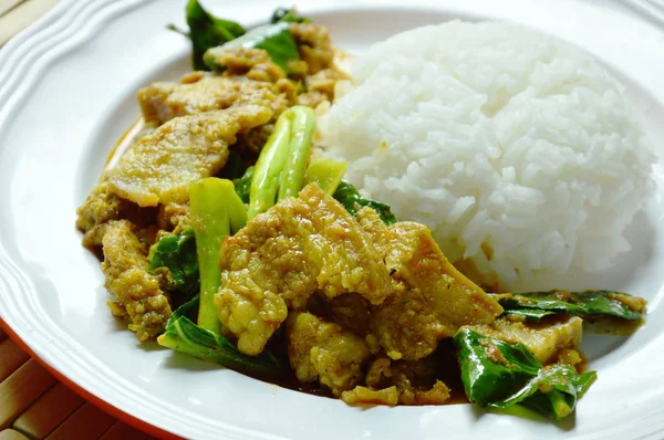 Revuelva picante col rizada china frita con chuleta de cerdo y vientre en curry sobre arroz — Foto de Stock