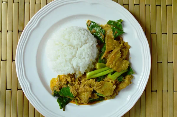 Bumbu bawang goreng Cina kale dengan daging babi cincang dan perut dalam kari pada beras — Stok Foto