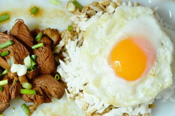 Варена куряча грудка в чорному соєвому соусі та смажене яйце в рису — стокове фото
