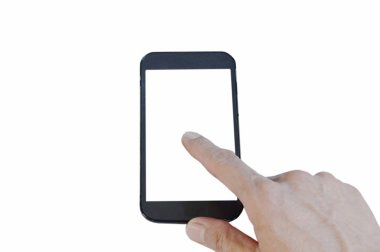 hareket eden telefon ile değmek perde beyaz arka plan üzerinde işaret parmak