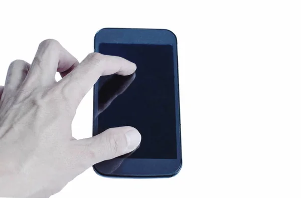 Telefono cellulare con dito che si estende su sfondo bianco — Foto Stock
