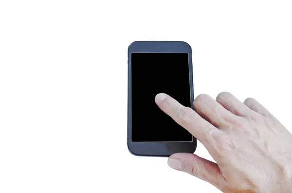 흰색 배경에서 터치 스크린에 가리키는 손가락으로 휴대 전화 — 스톡 사진