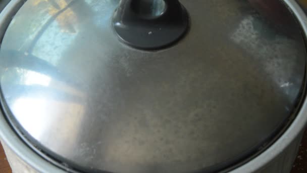 Hand open cover of electric rice cooker pot and smoke floating — Stock Video