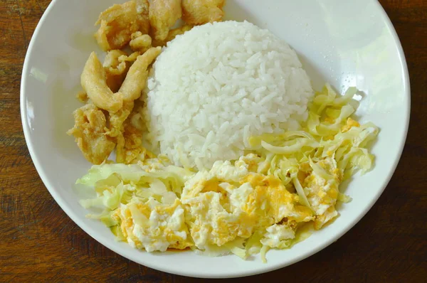 Kubis goreng dengan telur dan ayam asin dengan nasi — Stok Foto