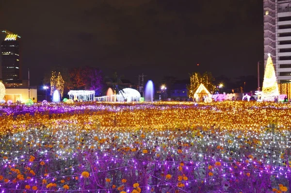 曼谷泰国 2017年12月16日 游客参观和观看 Led 灯的氛围泰国照明节2017晚上 — 图库照片
