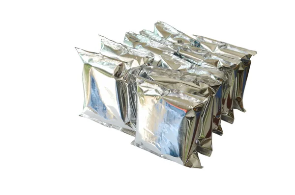 Mellanmål Paket Aluminiumfolie Ordna Vit Bakgrund — Stockfoto