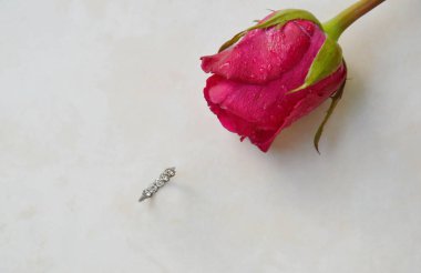  kırmızı gül ve alyans döşeme arka planı üzerinde
