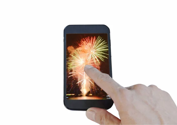 Menschlicher Finger Zeigt Handybildschirm Mit Feuerwerk Auf Weißem Hintergrund — Stockfoto