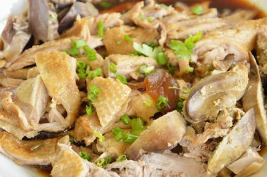  kahverengi çorba dilim ve tepesi chop soğan tabağa haşlanmış ördek