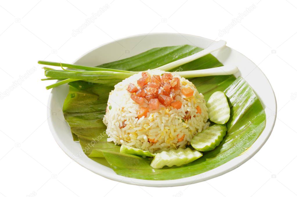 fried rice with chop Chinese sausage on banana leaf