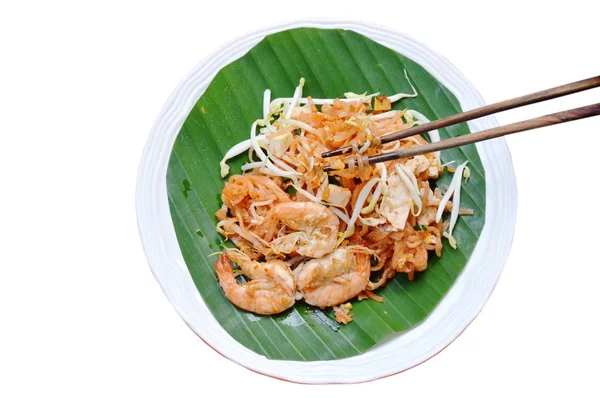 Pad Thajské Míchat Smažené Rýžové Nudle Krevetami Vajíčkem Talíři — Stock fotografie
