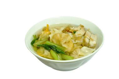 Çin hamur tatlısı doldurulmuş karides dilimlenmiş domuz eti ve şeffaf çorba.