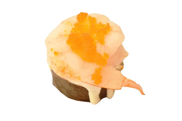 Garnalen Topping Egg Maki Sushi Japans Eten Witte Achtergrond — Stockfoto
