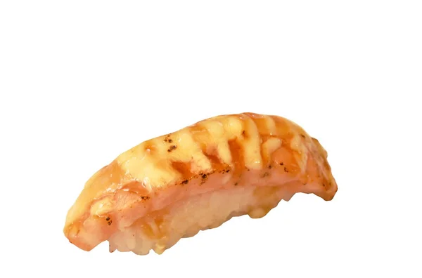 Branderige Zalm Vis Sushi Japans Eten Witte Achtergrond — Stockfoto