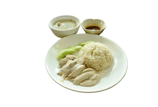 Nasi Rebus Topping Ayam Rebus Dengan Saus Dan Sup — Stok Foto